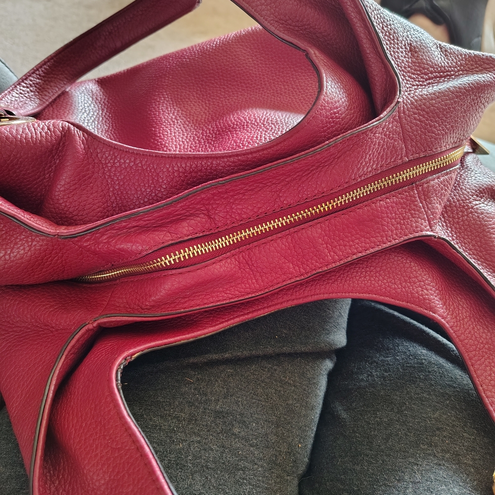 Michael Kors Red Pebbled Leather Hobo Shoulder Bag with Gold MK Logo - Picture 8 of 16